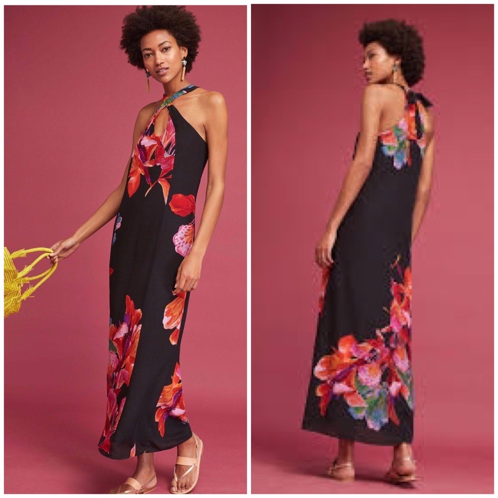 Maeve 100% Silk Cayman Floral Halter Tie Maxi Dress Size Small